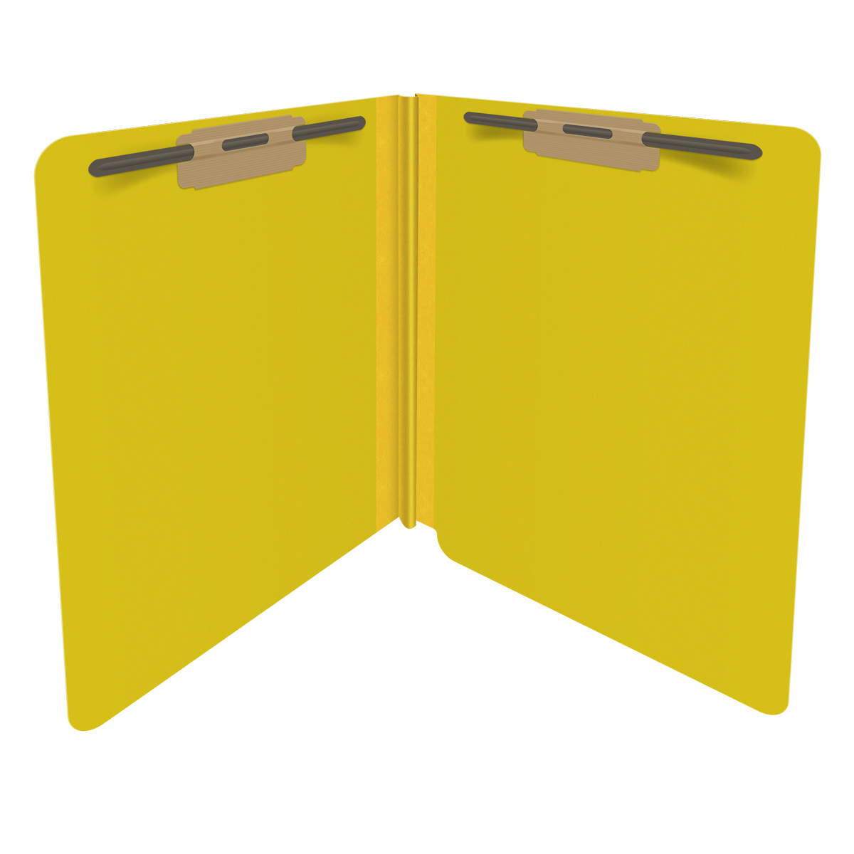 Yellow letter size end tab classification folder with 2" lemon yellow tyvek expansion and 2" bonded fasteners on inside front and inside back. 25 pt type 3 pressboard stock. Packaged 25/125.