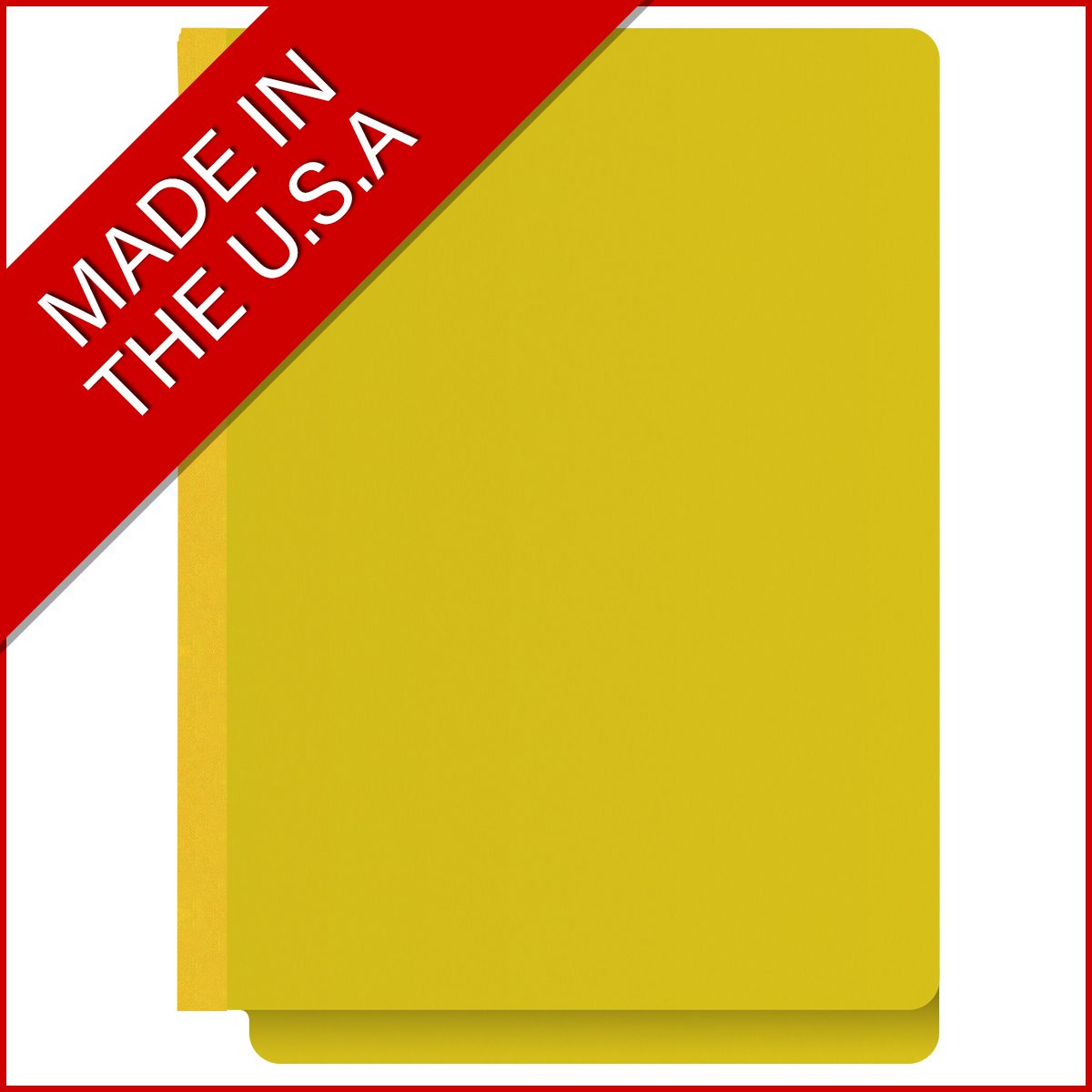 Yellow letter size end tab classification folder with 2" lemon yellow tyvek expansion and 2" bonded fasteners on inside front and inside back. 25 pt type 3 pressboard stock. Packaged 25/125.