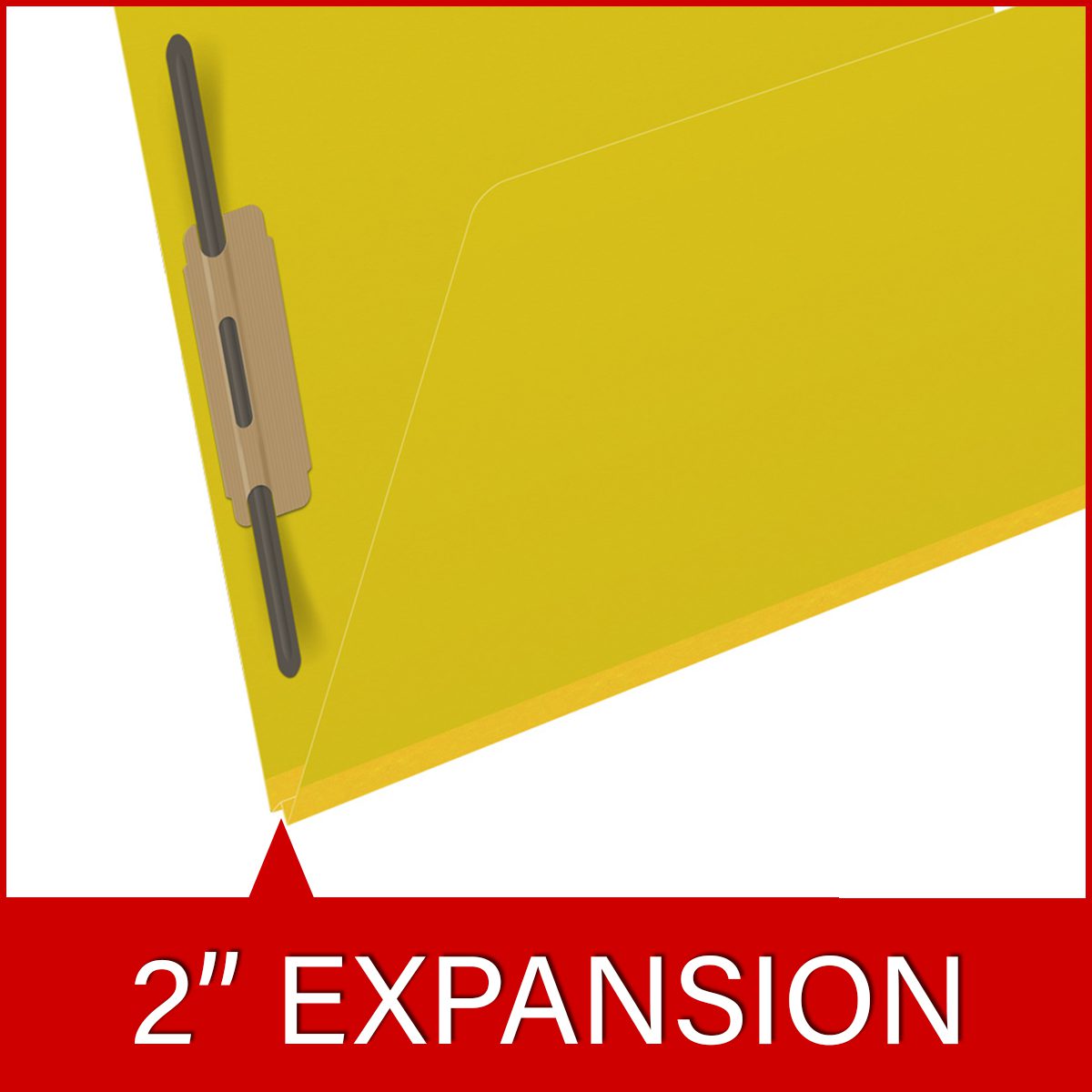 Yellow letter size end tab classification folder with 2" lemon yellow tyvek expansion and 2" bonded fasteners on inside front and inside back. 25 pt type 3 pressboard stock. Packaged 25/125.