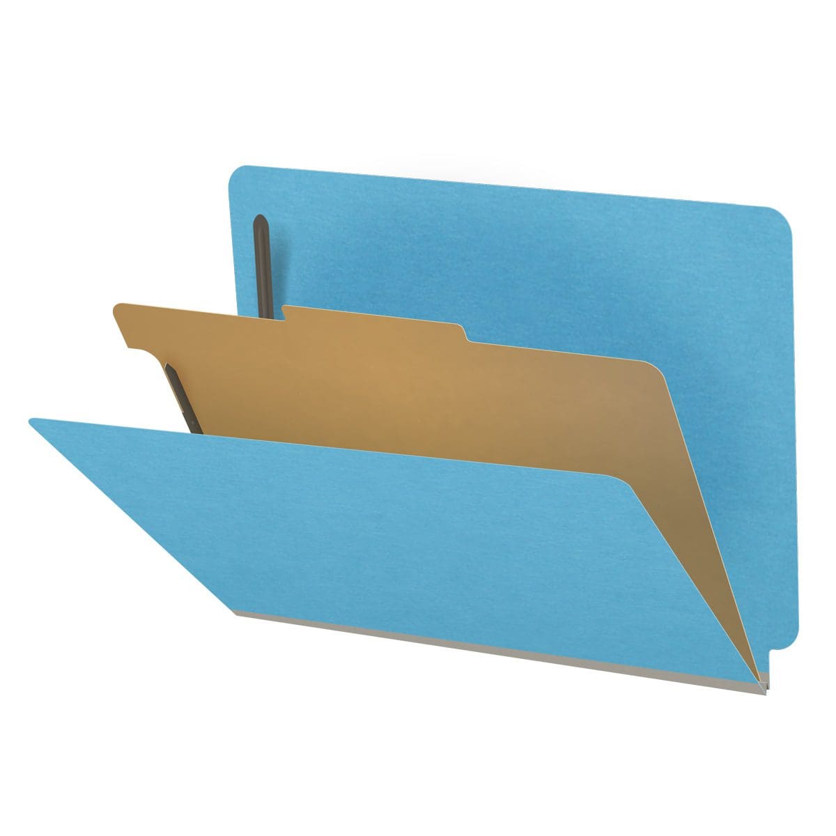 Blue letter size end tab classification folder with 2" gray tyvek expansion, with 2" bonded fasteners on inside front and inside back and 1" duo fastener on divider. 18 pt. paper stock and 17 pt brown kraft dividers. Packaged 10/50.