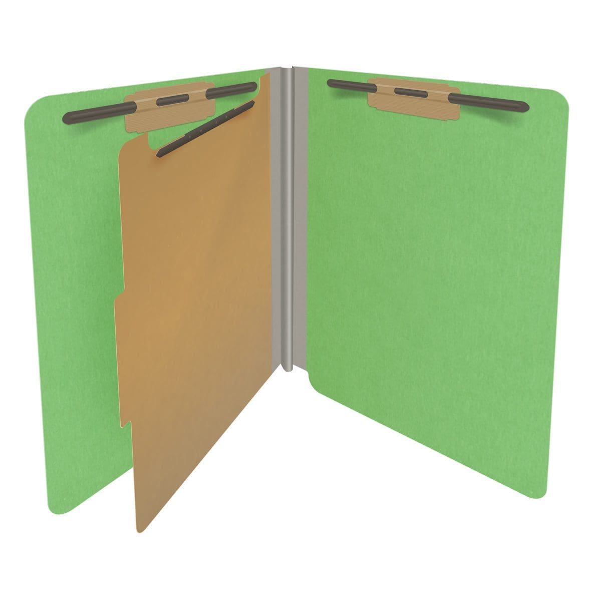 Green letter size end tab classification folder with 2" gray tyvek expansion, with 2" bonded fasteners on inside front and inside back and 1" duo fastener on divider. 18 pt. paper stock and 17 pt brown kraft dividers. Packaged 10/50.