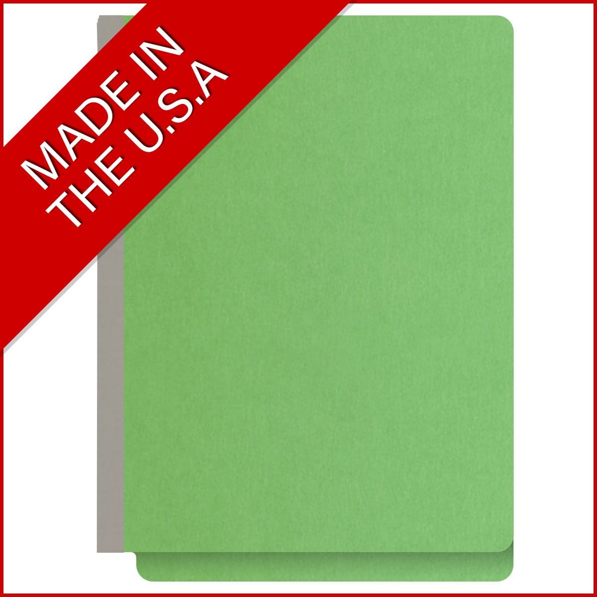 Green letter size end tab classification folder with 2" gray tyvek expansion, with 2" bonded fasteners on inside front and inside back and 1" duo fastener on divider. 18 pt. paper stock and 17 pt brown kraft dividers, 10/Box