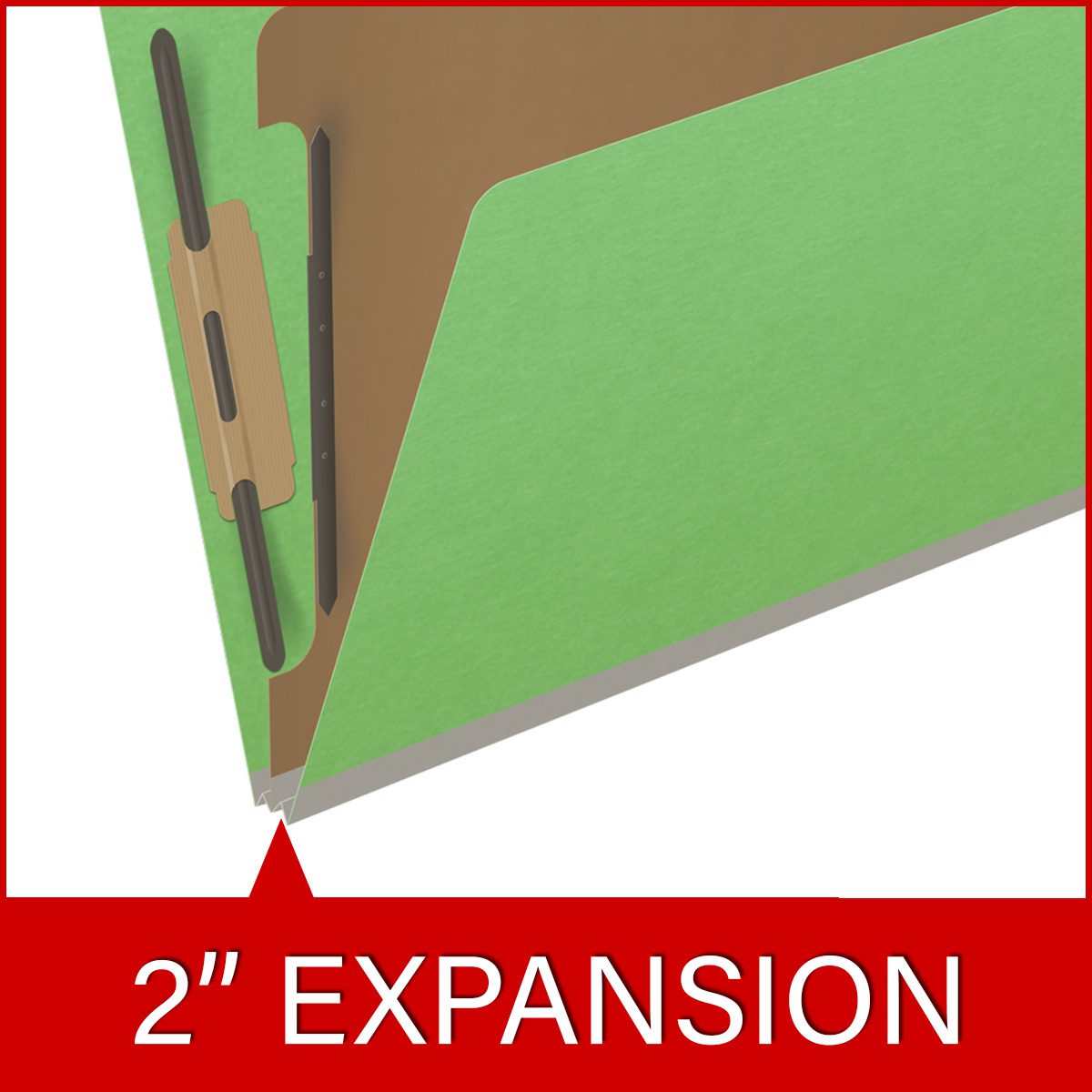 Green letter size end tab classification folder with 2" gray tyvek expansion, with 2" bonded fasteners on inside front and inside back and 1" duo fastener on divider. 18 pt. paper stock and 17 pt brown kraft dividers. Packaged 10/50.