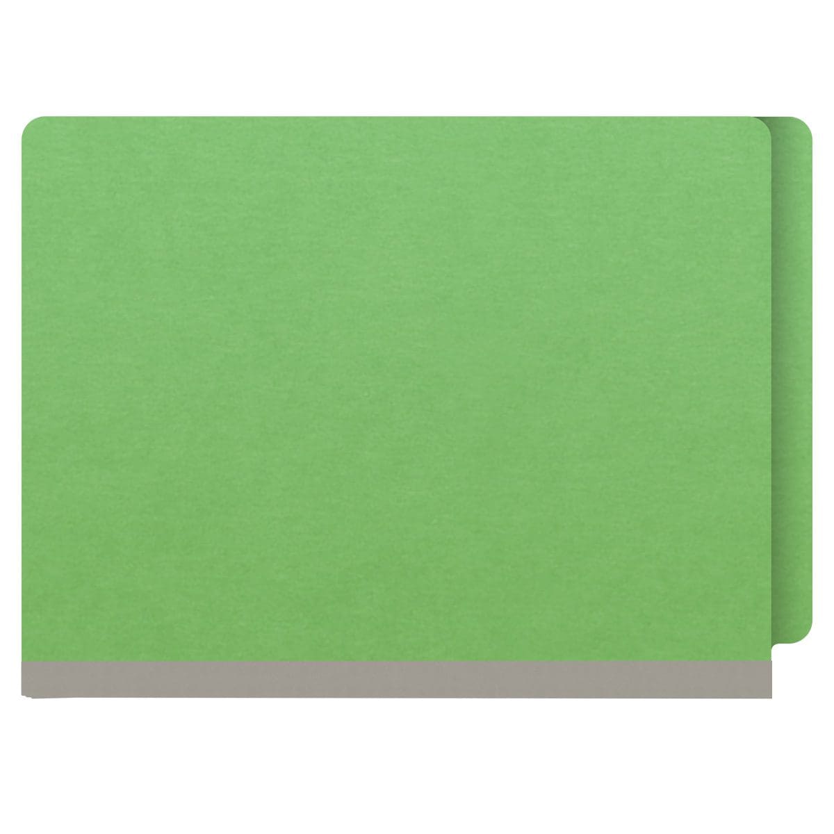 Green letter size end tab classification folder with 2" gray tyvek expansion, with 2" bonded fasteners on inside front and inside back and 1" duo fastener on divider. 18 pt. paper stock and 17 pt brown kraft dividers. Packaged 10/50.