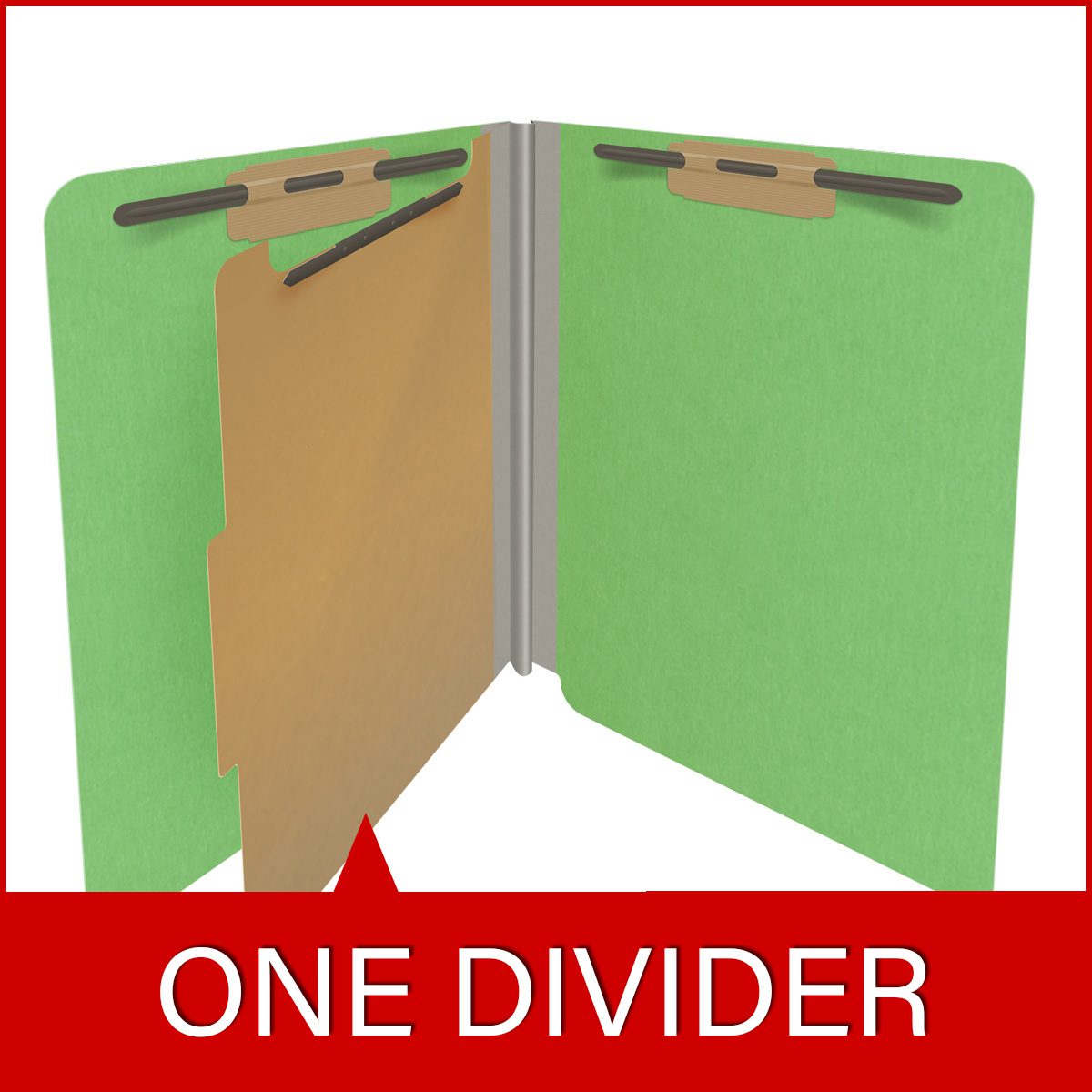 Green letter size end tab classification folder with 2" gray tyvek expansion, with 2" bonded fasteners on inside front and inside back and 1" duo fastener on divider. 18 pt. paper stock and 17 pt brown kraft dividers. Packaged 10/50.