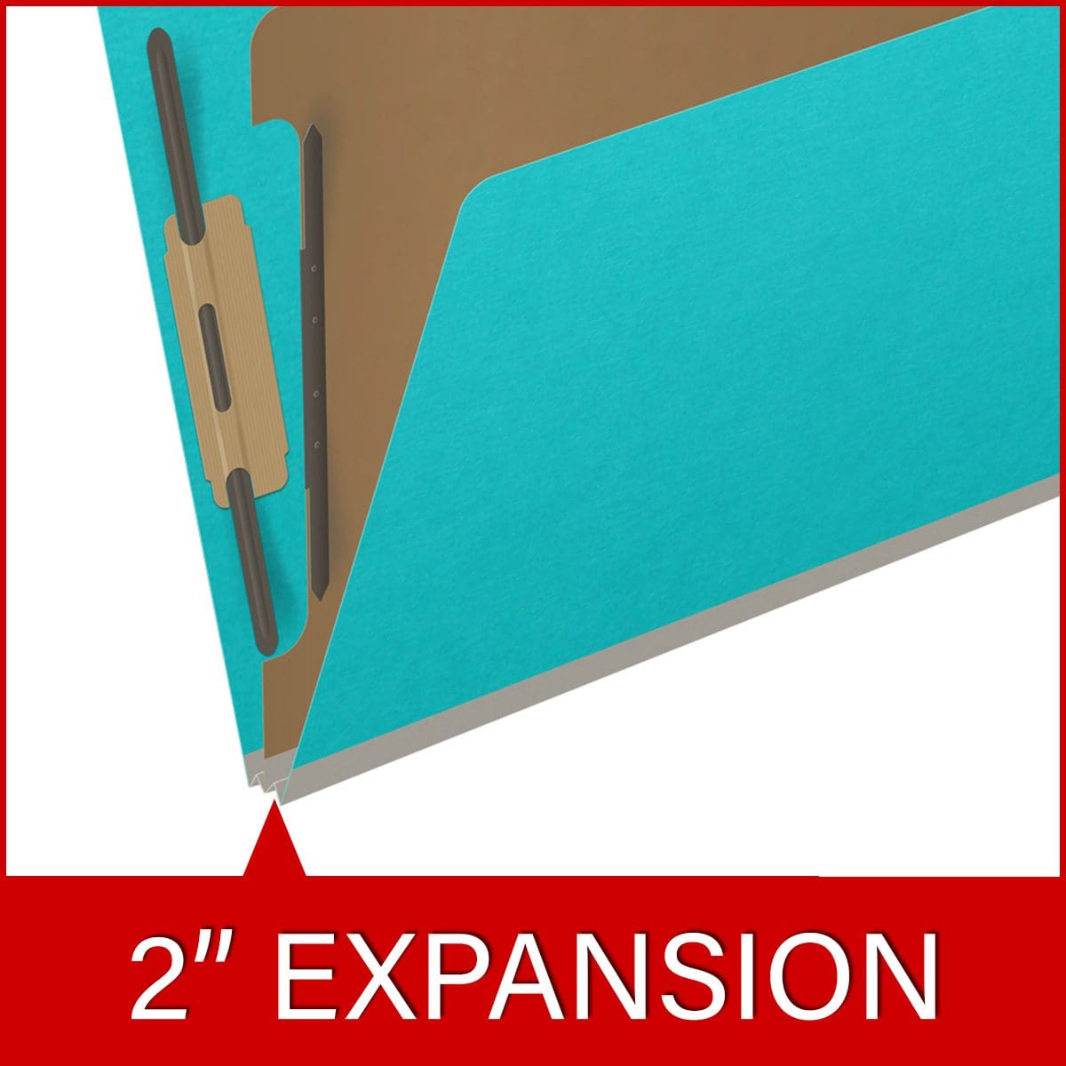 Light blue letter size end tab classification folder with 2" gray tyvek expansion, with 2" bonded fasteners on inside front and inside back and 1" duo fastener on divider. 18 pt. paper stock and 17 pt brown kraft dividers. Packaged 10/50.