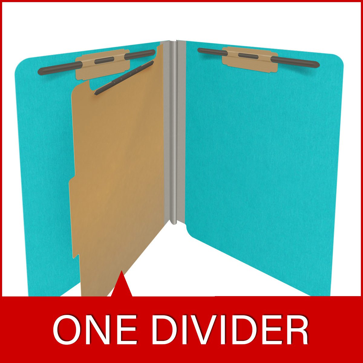 Light blue letter size end tab classification folder with 2" gray tyvek expansion, with 2" bonded fasteners on inside front and inside back and 1" duo fastener on divider. 18 pt. paper stock and 17 pt brown kraft dividers. Packaged 10/50.