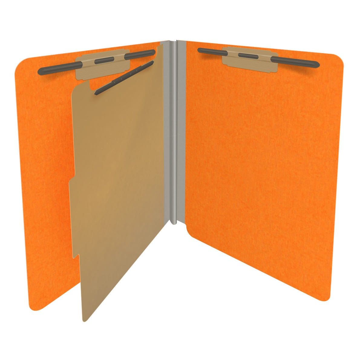 Orange letter size end tab classification folder with 2" gray tyvek expansion, with 2" bonded fasteners on inside front and inside back and 1" duo fastener on divider. 18 pt. paper stock and 17 pt brown kraft dividers. Packaged 10/50.