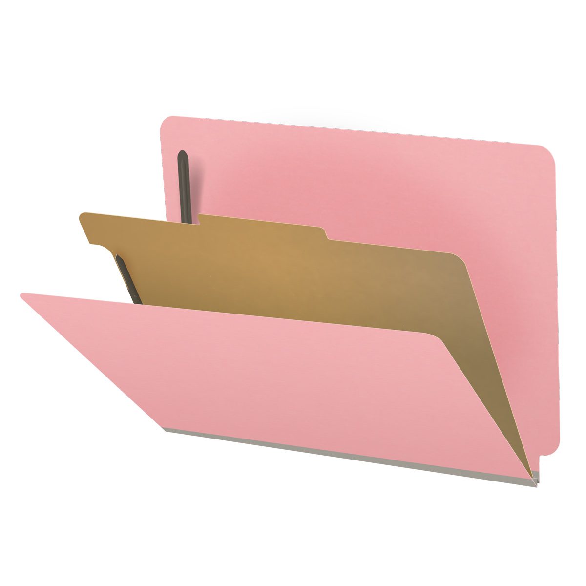 Pink letter size end tab classification folder with 2" gray tyvek expansion, with 2" bonded fasteners on inside front and inside back and 1" duo fastener on divider. 18 pt. paper stock and 17 pt brown kraft dividers. Packaged 10/50.