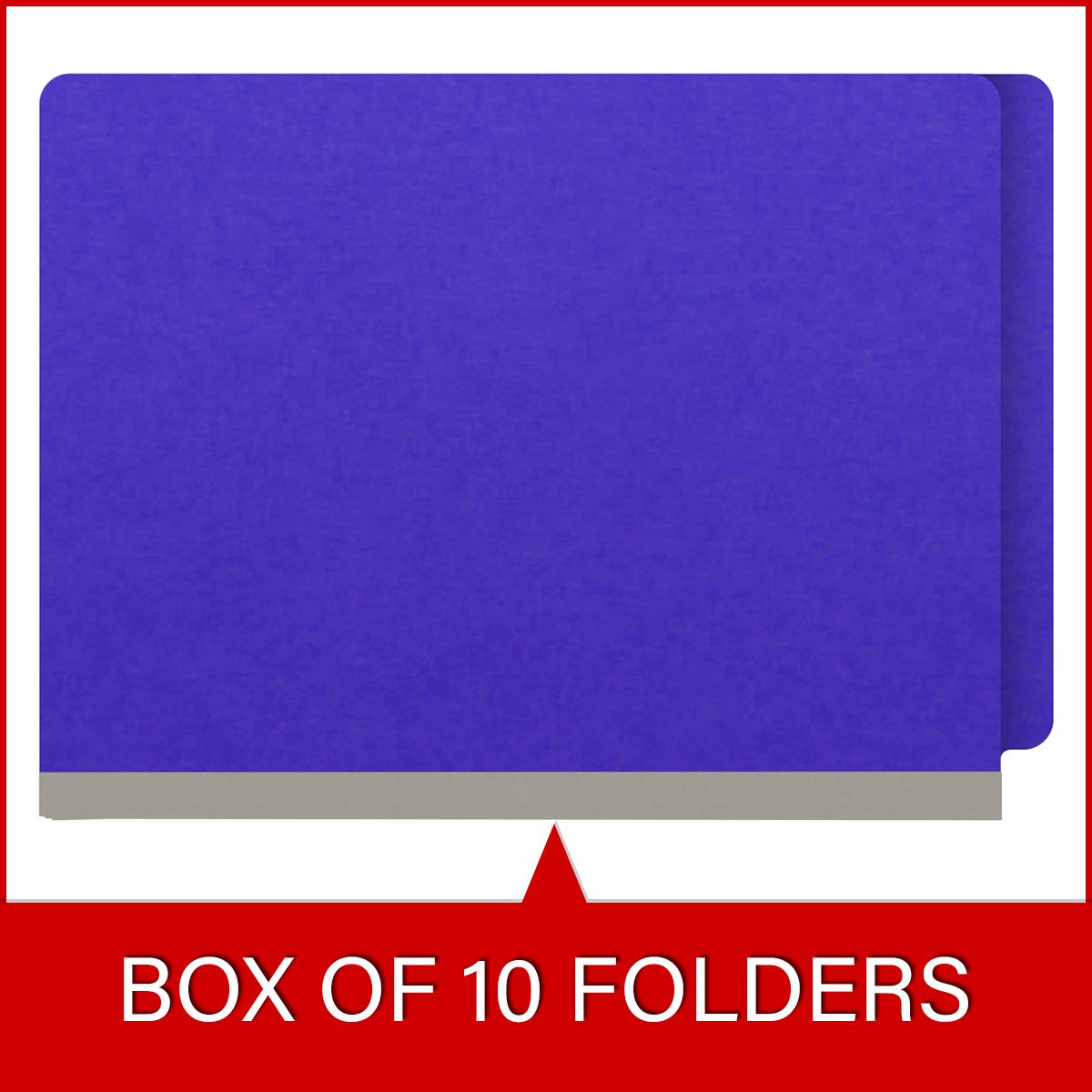 Purple letter size end tab classification folder with 2" gray tyvek expansion, with 2" bonded fasteners on inside front and inside back and 1" duo fastener on divider. 18 pt. paper stock and 17 pt brown kraft dividers. Packaged 10/50.