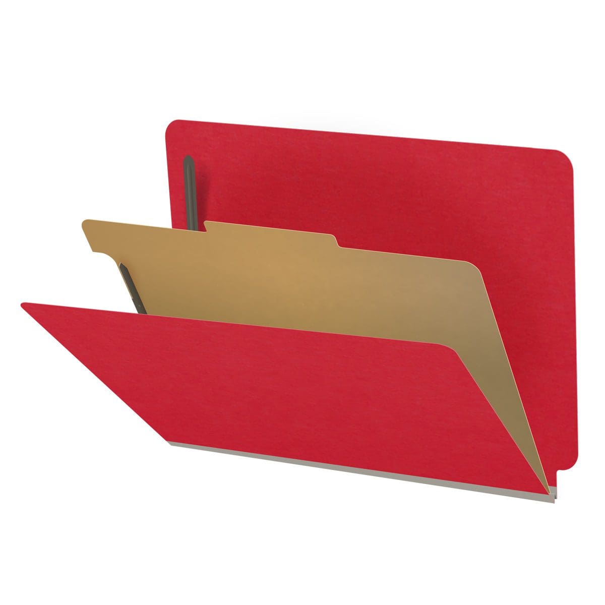 Red letter size end tab classification folder with 2" gray tyvek expansion, with 2" bonded fasteners on inside front and inside back and 1" duo fastener on divider. 18 pt. paper stock and 17 pt brown kraft dividers, 10/Box