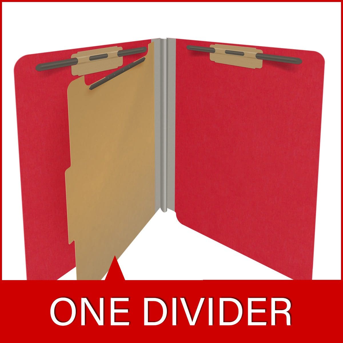 Red letter size end tab classification folder with 2" gray tyvek expansion, with 2" bonded fasteners on inside front and inside back and 1" duo fastener on divider. 18 pt. paper stock and 17 pt brown kraft dividers. Packaged 10/50.