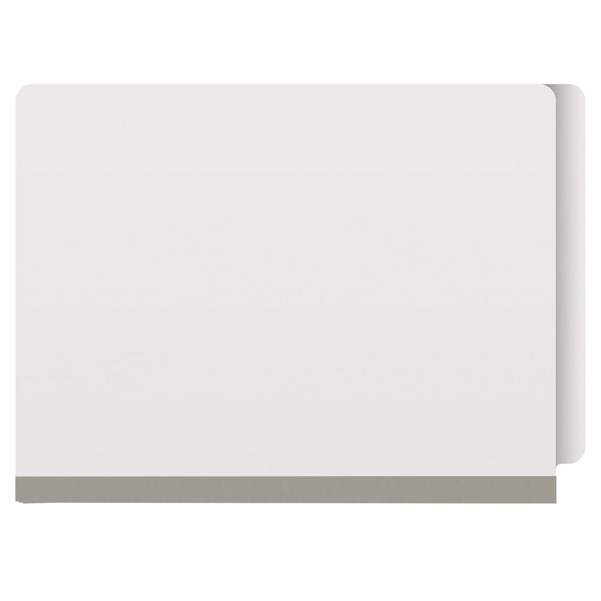 White letter size end tab classification folder with 2" gray tyvek expansion, with 2" bonded fasteners on inside front and inside back and 1" duo fastener on divider. 18 pt. paper stock and 17 pt brown kraft dividers. Packaged 10/50.