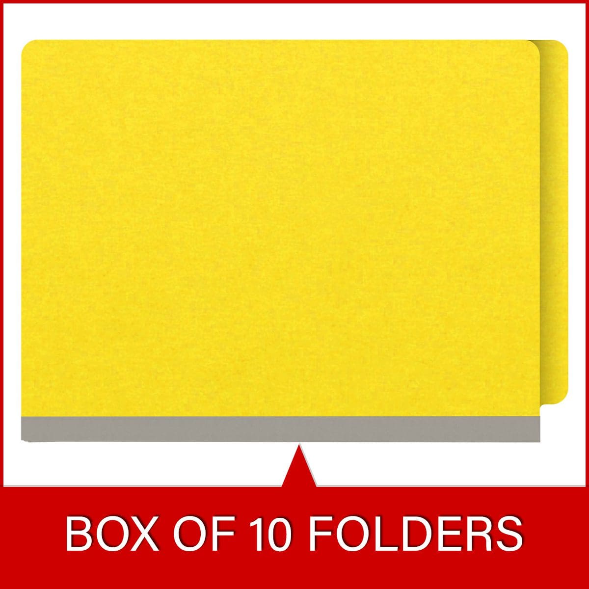 Yellow letter size end tab classification folder with 2" gray tyvek expansion, with 2" bonded fasteners on inside front and inside back and 1" duo fastener on divider. 18 pt. paper stock and 17 pt brown kraft dividers. Packaged 10/50.