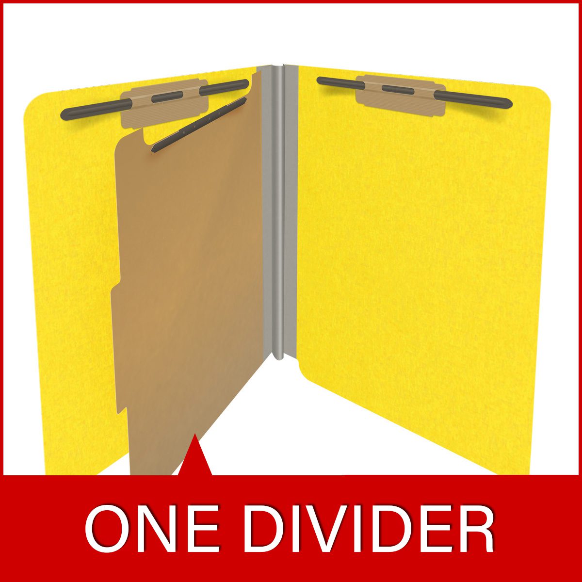 Yellow letter size end tab classification folder with 2" gray tyvek expansion, with 2" bonded fasteners on inside front and inside back and 1" duo fastener on divider. 18 pt. paper stock and 17 pt brown kraft dividers. Packaged 10/50.