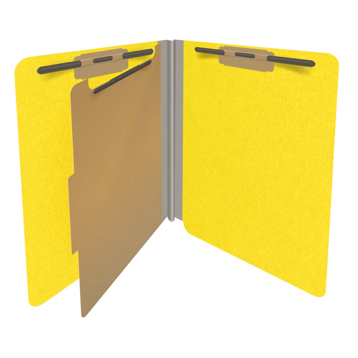 Yellow letter size end tab classification folder with 2" gray tyvek expansion, with 2" bonded fasteners on inside front and inside back and 1" duo fastener on divider. 18 pt. paper stock and 17 pt brown kraft dividers. Packaged 10/50.