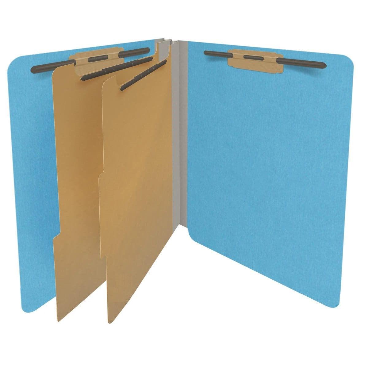 Blue letter size end tab classification folder with 2" gray tyvek expansion, with 2" bonded fasteners on inside front and inside back and 1" duo fastener on dividers. 18 pt. paper stock and 17 pt brown kraft dividers, 10/Box