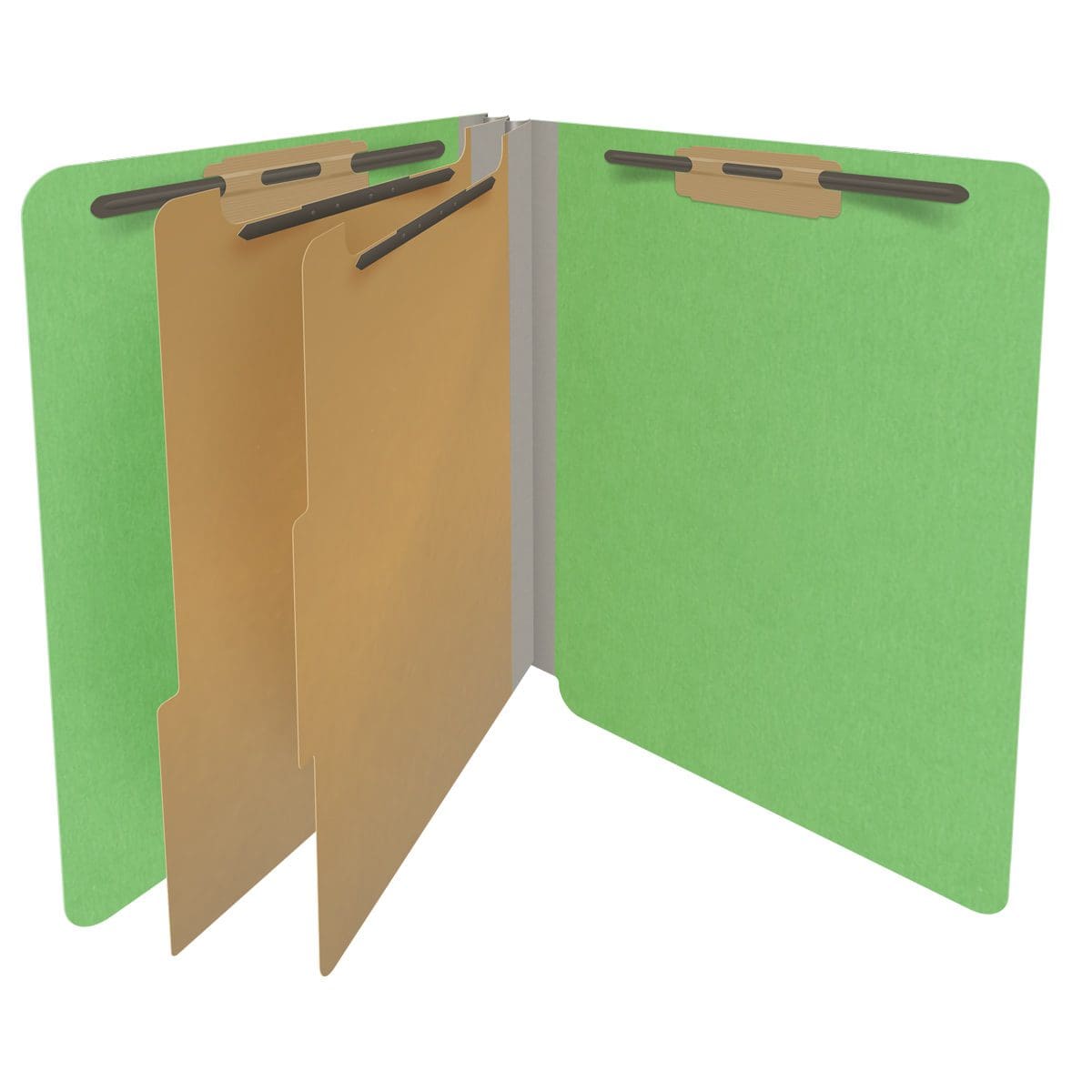 Green letter size end tab classification folder with 2" gray tyvek expansion, with 2" bonded fasteners on inside front and inside back and 1" duo fastener on dividers. 18 pt. paper stock and 17 pt brown kraft dividers. Packaged 10/50.