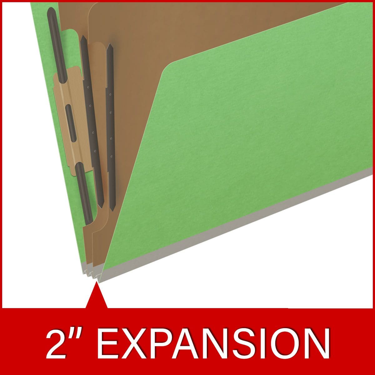 Green letter size end tab classification folder with 2" gray tyvek expansion, with 2" bonded fasteners on inside front and inside back and 1" duo fastener on dividers. 18 pt. paper stock and 17 pt brown kraft dividers. Packaged 10/50.
