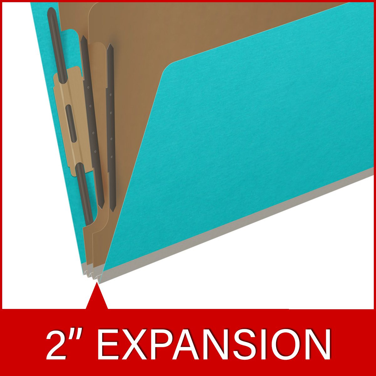 Light blue letter size end tab classification folder with 2" gray tyvek expansion, with 2" bonded fasteners on inside front and inside back and 1" duo fastener on dividers. 18 pt. paper stock and 17 pt brown kraft dividers. Packaged 10/50.