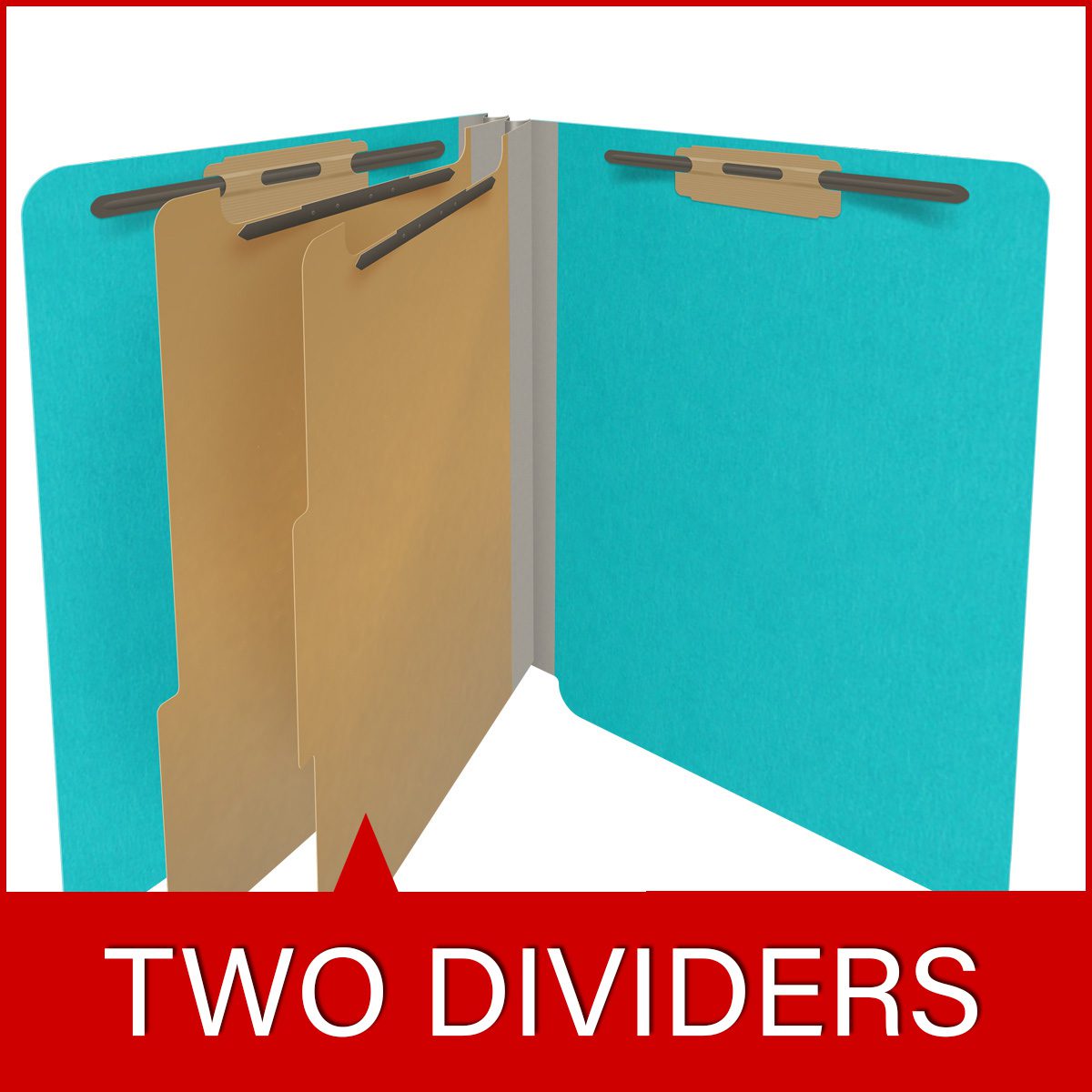 Light blue letter size end tab classification folder with 2" gray tyvek expansion, with 2" bonded fasteners on inside front and inside back and 1" duo fastener on dividers. 18 pt. paper stock and 17 pt brown kraft dividers. Packaged 10/50.