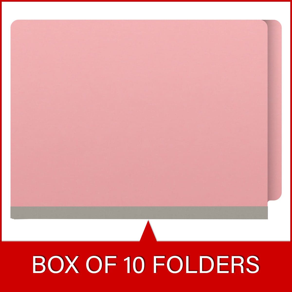 Pink letter size end tab classification folder with 2" gray tyvek expansion, with 2" bonded fasteners on inside front and inside back and 1" duo fastener on dividers. 18 pt. paper stock and 17 pt brown kraft dividers. Packaged 10/50.