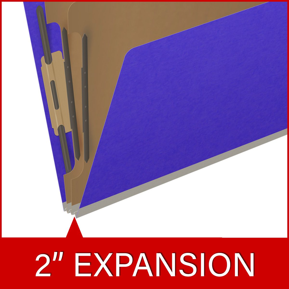 Purple letter size end tab classification folder with 2" gray tyvek expansion, with 2" bonded fasteners on inside front and inside back and 1" duo fastener on dividers. 18 pt. paper stock and 17 pt brown kraft dividers. Packaged 10/50.