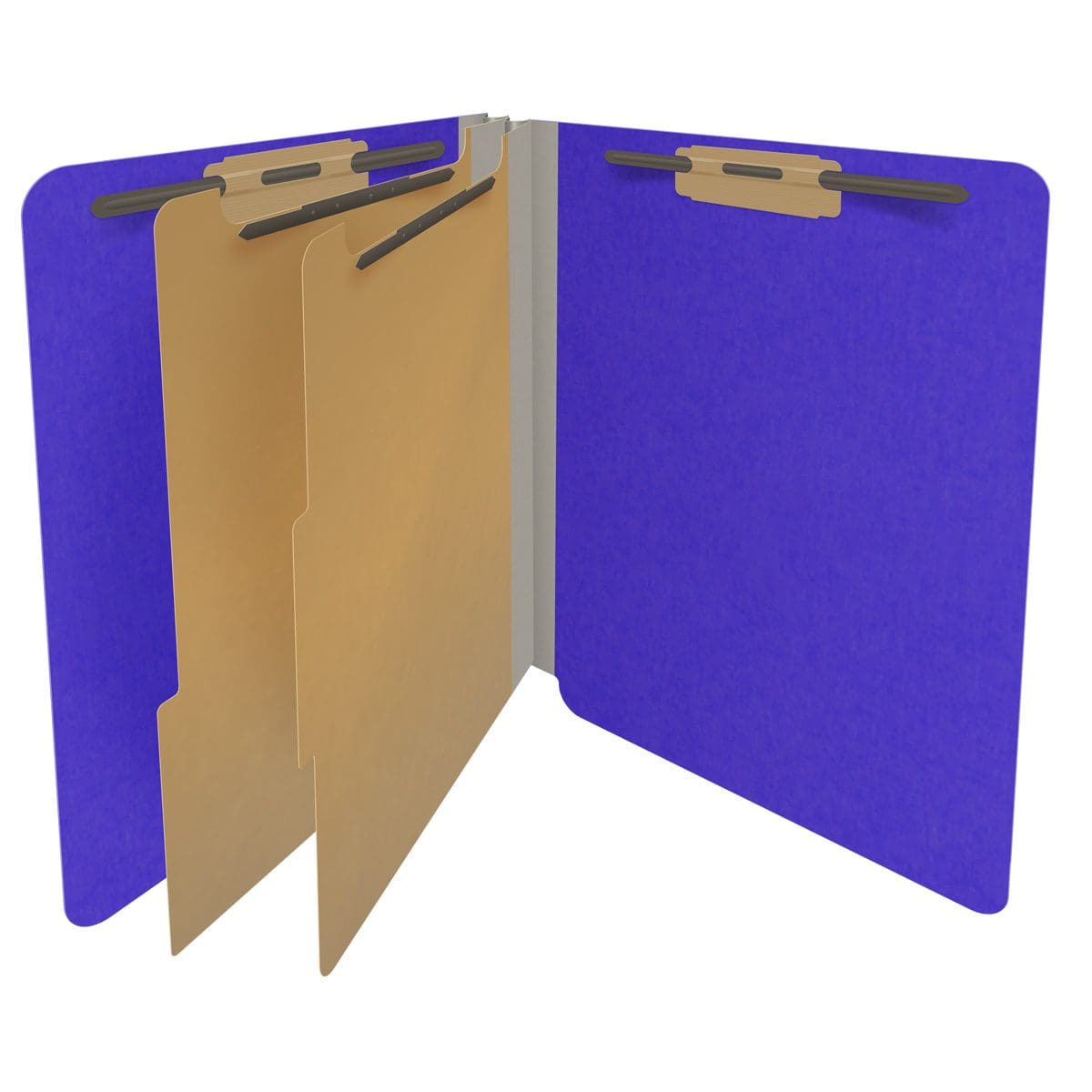 Purple letter size end tab classification folder with 2" gray tyvek expansion, with 2" bonded fasteners on inside front and inside back and 1" duo fastener on dividers. 18 pt. paper stock and 17 pt brown kraft dividers. Packaged 10/50.