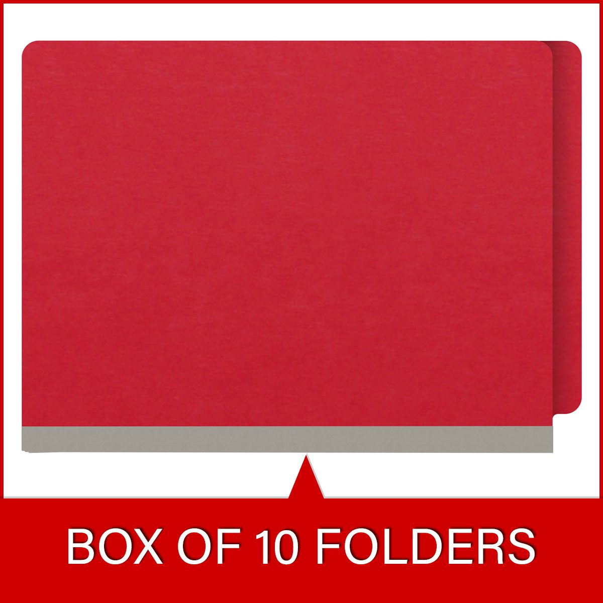 Red letter size end tab classification folder with 2" gray tyvek expansion, with 2" bonded fasteners on inside front and inside back and 1" duo fastener on dividers. 18 pt. paper stock and 17 pt brown kraft dividers. Packaged 10/50.