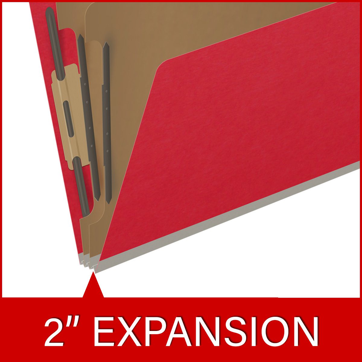 Red letter size end tab classification folder with 2" gray tyvek expansion, with 2" bonded fasteners on inside front and inside back and 1" duo fastener on dividers. 18 pt. paper stock and 17 pt brown kraft dividers. Packaged 10/50.