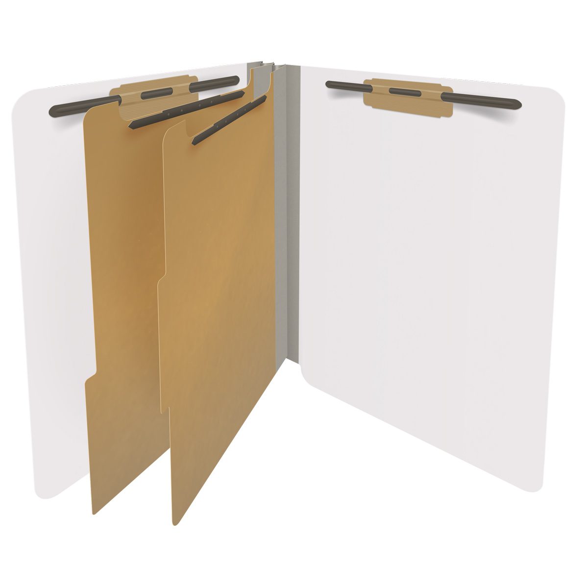 White letter size end tab classification folder with 2" gray tyvek expansion, with 2" bonded fasteners on inside front and inside back and 1" duo fastener on dividers. 18 pt. paper stock and 17 pt brown kraft dividers. Packaged 10/50.