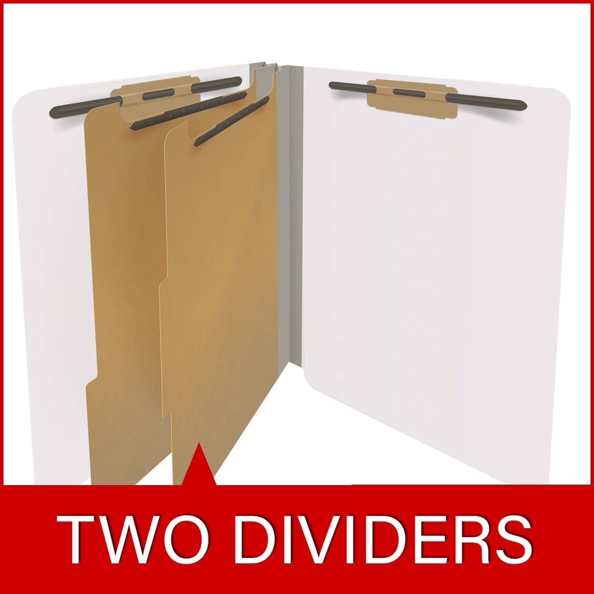 White letter size end tab classification folder with 2" gray tyvek expansion, with 2" bonded fasteners on inside front and inside back and 1" duo fastener on dividers. 18 pt. paper stock and 17 pt brown kraft dividers. Packaged 10/50.