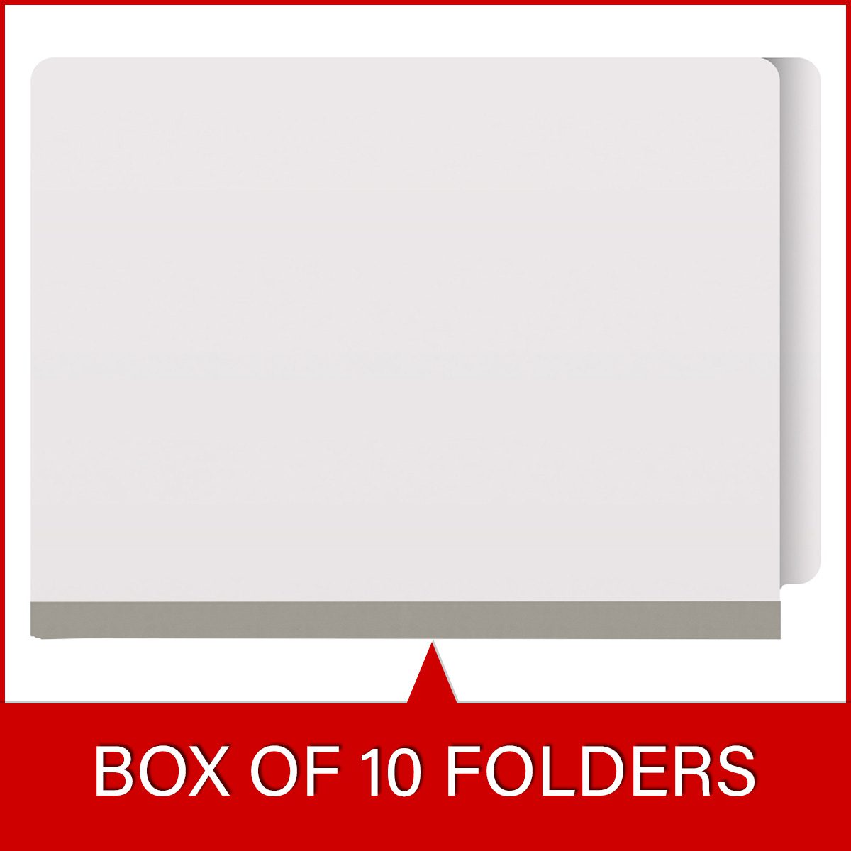 White letter size end tab classification folder with 2" gray tyvek expansion, with 2" bonded fasteners on inside front and inside back and 1" duo fastener on dividers. 18 pt. paper stock and 17 pt brown kraft dividers. Packaged 10/50.