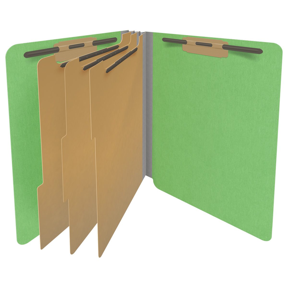 Green letter size end tab classification folder with 3" gray tyvek expansion, with 2" bonded fasteners on inside front and inside back and 1" duo fastener on dividers. 18 pt. paper stock and 17 pt brown kraft dividers. Packaged 10/50.