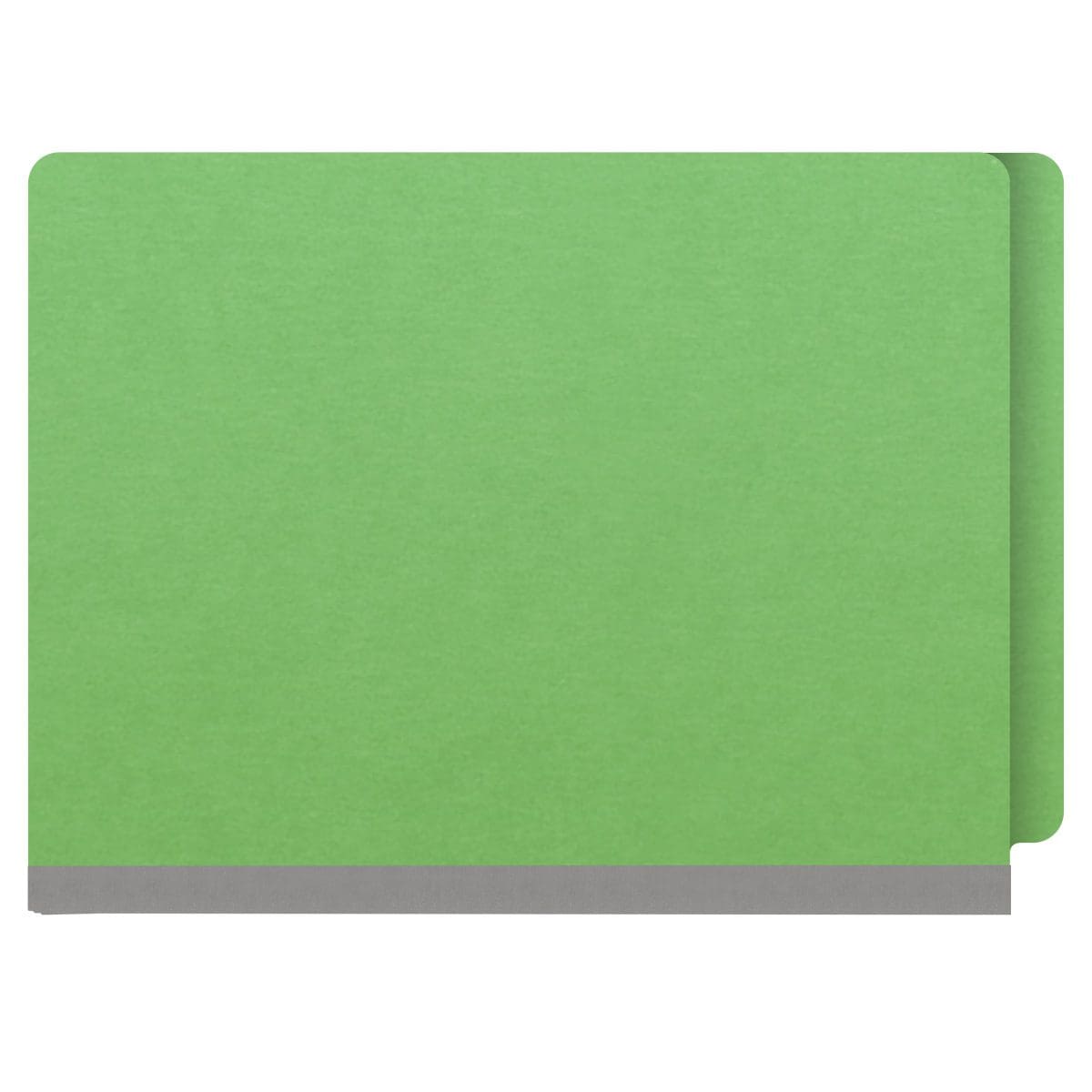 Green letter size end tab classification folder with 3" gray tyvek expansion, with 2" bonded fasteners on inside front and inside back and 1" duo fastener on dividers. 18 pt. paper stock and 17 pt brown kraft dividers. Packaged 10/50.