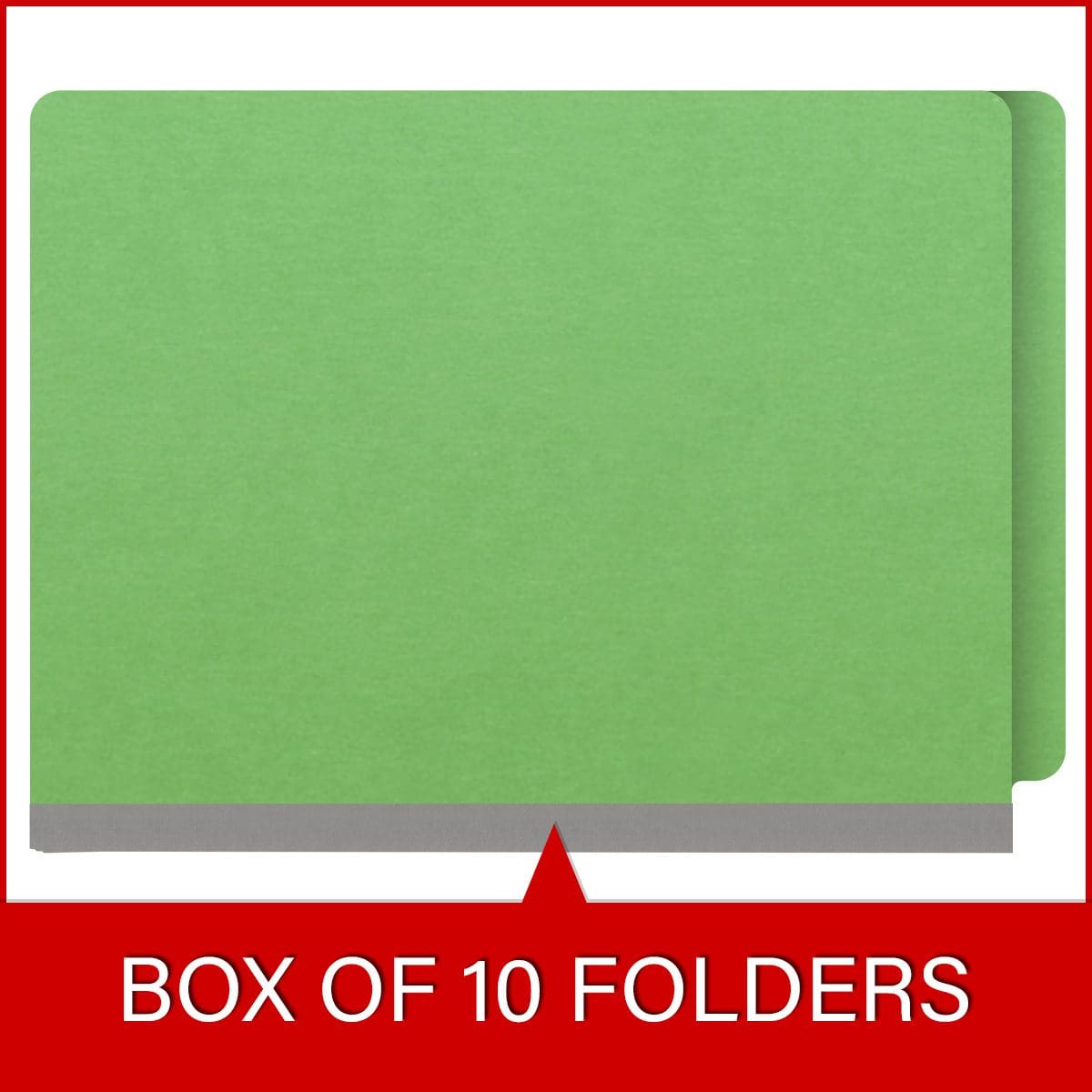 Green letter size end tab classification folder with 3" gray tyvek expansion, with 2" bonded fasteners on inside front and inside back and 1" duo fastener on dividers. 18 pt. paper stock and 17 pt brown kraft dividers. Packaged 10/50.