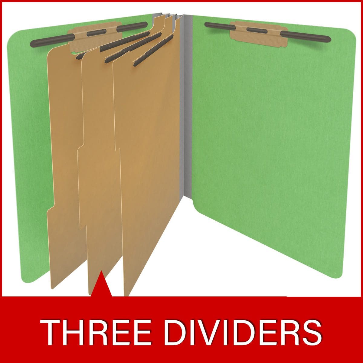 Green letter size end tab classification folder with 3" gray tyvek expansion, with 2" bonded fasteners on inside front and inside back and 1" duo fastener on dividers. 18 pt. paper stock and 17 pt brown kraft dividers, 10/Box