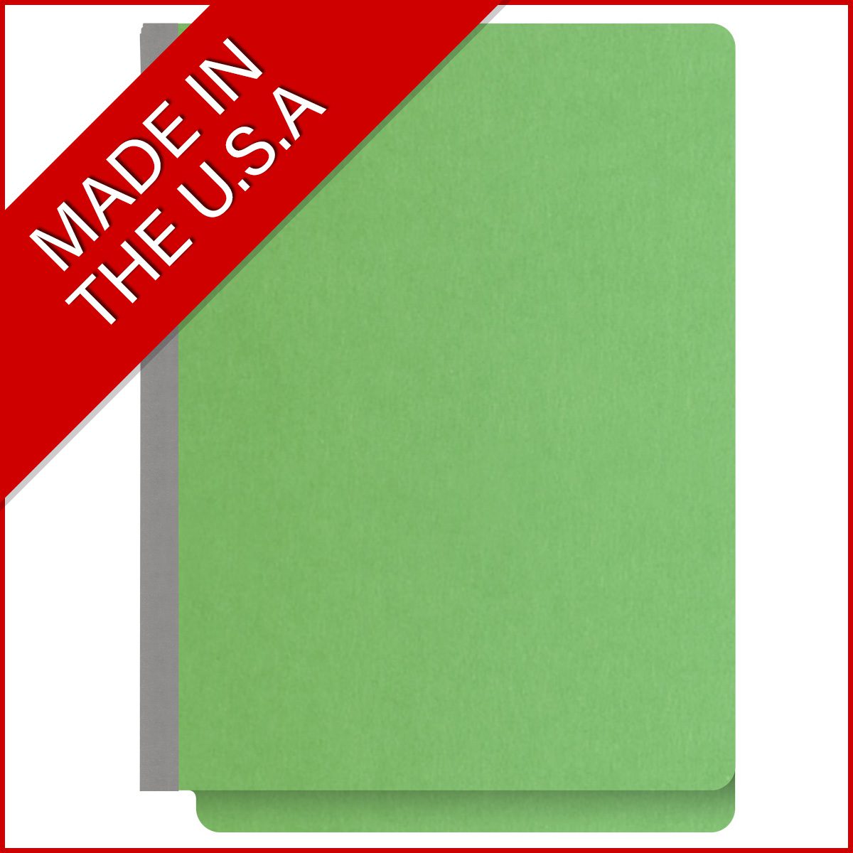 Green letter size end tab classification folder with 3" gray tyvek expansion, with 2" bonded fasteners on inside front and inside back and 1" duo fastener on dividers. 18 pt. paper stock and 17 pt brown kraft dividers. Packaged 10/50.