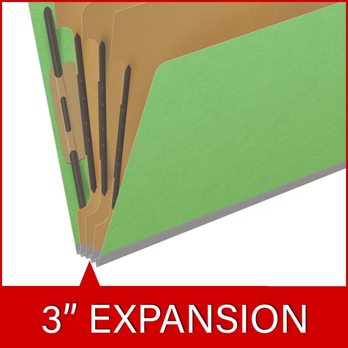 Green letter size end tab classification folder with 3" gray tyvek expansion, with 2" bonded fasteners on inside front and inside back and 1" duo fastener on dividers. 18 pt. paper stock and 17 pt brown kraft dividers. Packaged 10/50.