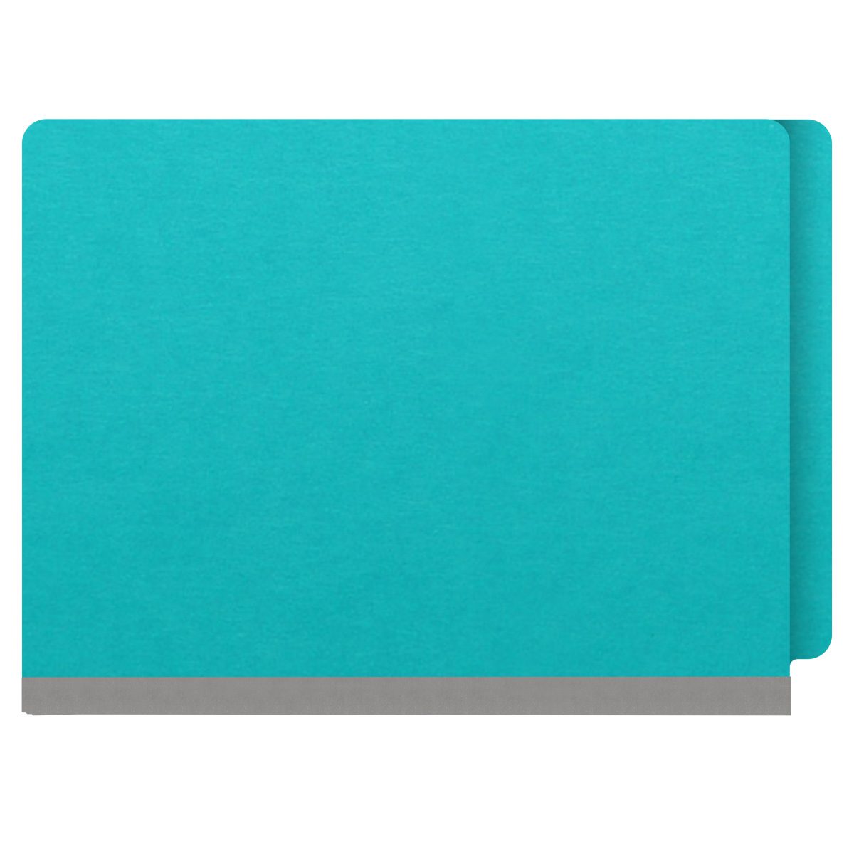 Light blue letter size end tab classification folder with 3" gray tyvek expansion, with 2" bonded fasteners on inside front and inside back and 1" duo fastener on dividers. 18 pt. paper stock and 17 pt brown kraft dividers. Packaged 10/50.