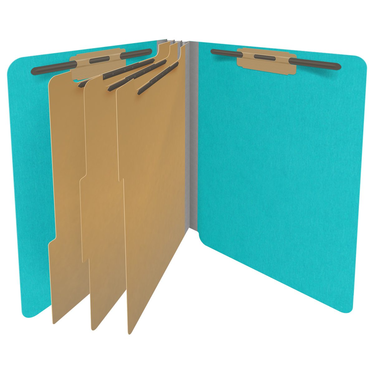 Light blue letter size end tab classification folder with 3" gray tyvek expansion, with 2" bonded fasteners on inside front and inside back and 1" duo fastener on dividers. 18 pt. paper stock and 17 pt brown kraft dividers. Packaged 10/50.