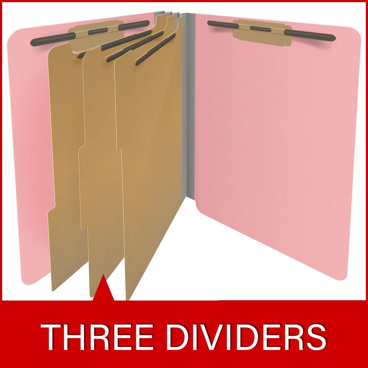 Pink letter size end tab classification folder with 3" gray tyvek expansion, with 2" bonded fasteners on inside front and inside back and 1" duo fastener on dividers. 18 pt. paper stock and 17 pt brown kraft dividers. Packaged 10/50.