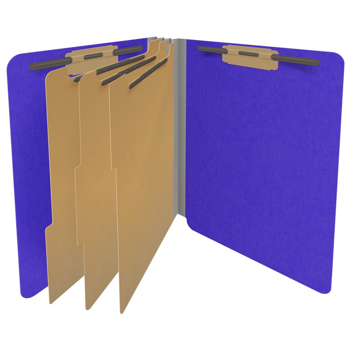 Purple letter size end tab classification folder with 3" gray tyvek expansion, with 2" bonded fasteners on inside front and inside back and 1" duo fastener on dividers. 18 pt. paper stock and 17 pt brown kraft dividers. Packaged 10/50.