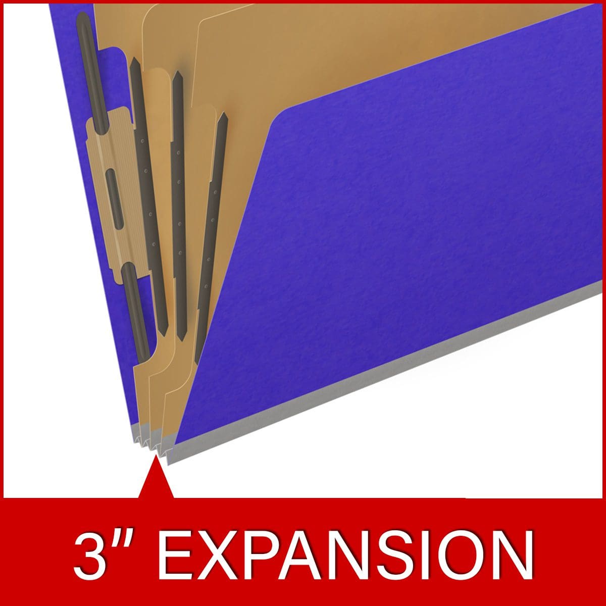 Purple letter size end tab classification folder with 3" gray tyvek expansion, with 2" bonded fasteners on inside front and inside back and 1" duo fastener on dividers. 18 pt. paper stock and 17 pt brown kraft dividers. Packaged 10/50.