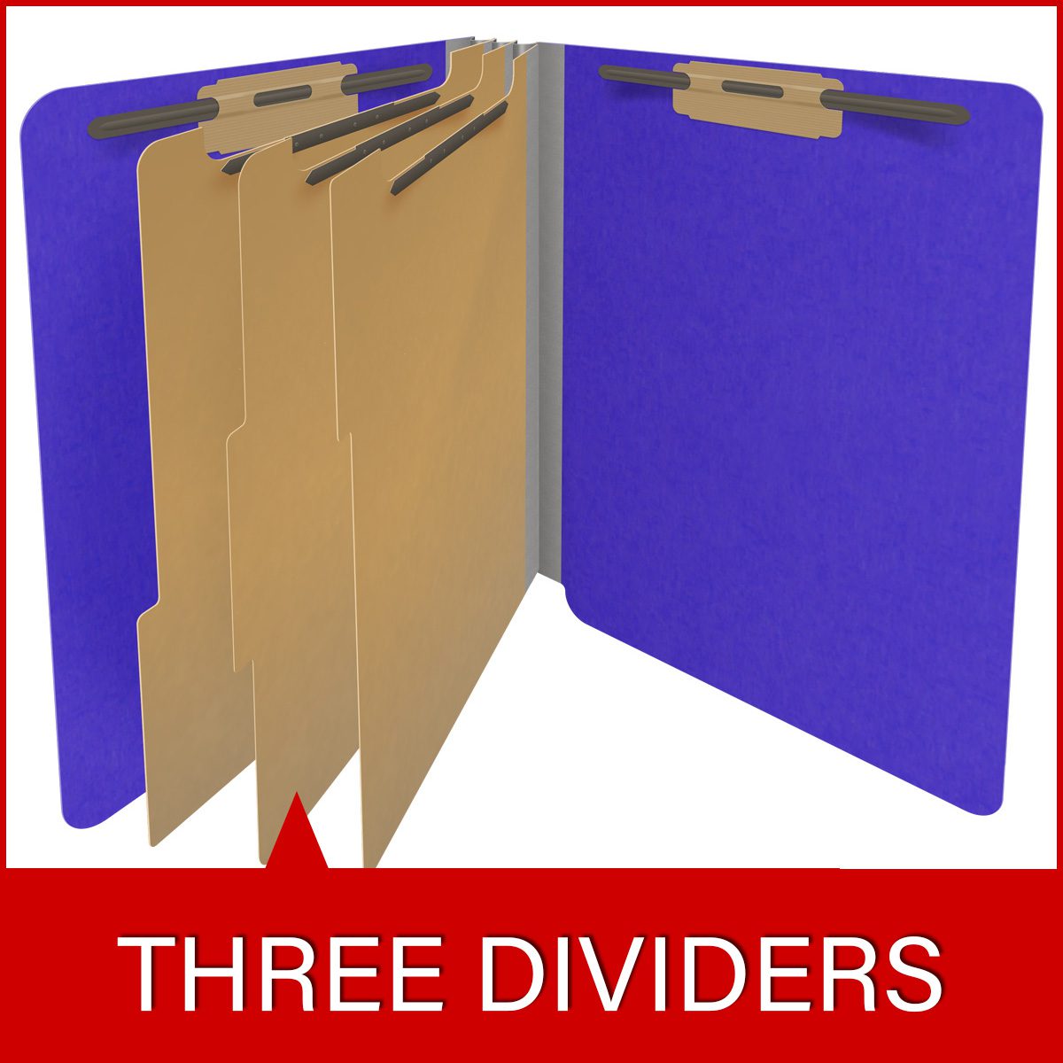 Purple letter size end tab classification folder with 3" gray tyvek expansion, with 2" bonded fasteners on inside front and inside back and 1" duo fastener on dividers. 18 pt. paper stock and 17 pt brown kraft dividers. Packaged 10/50.