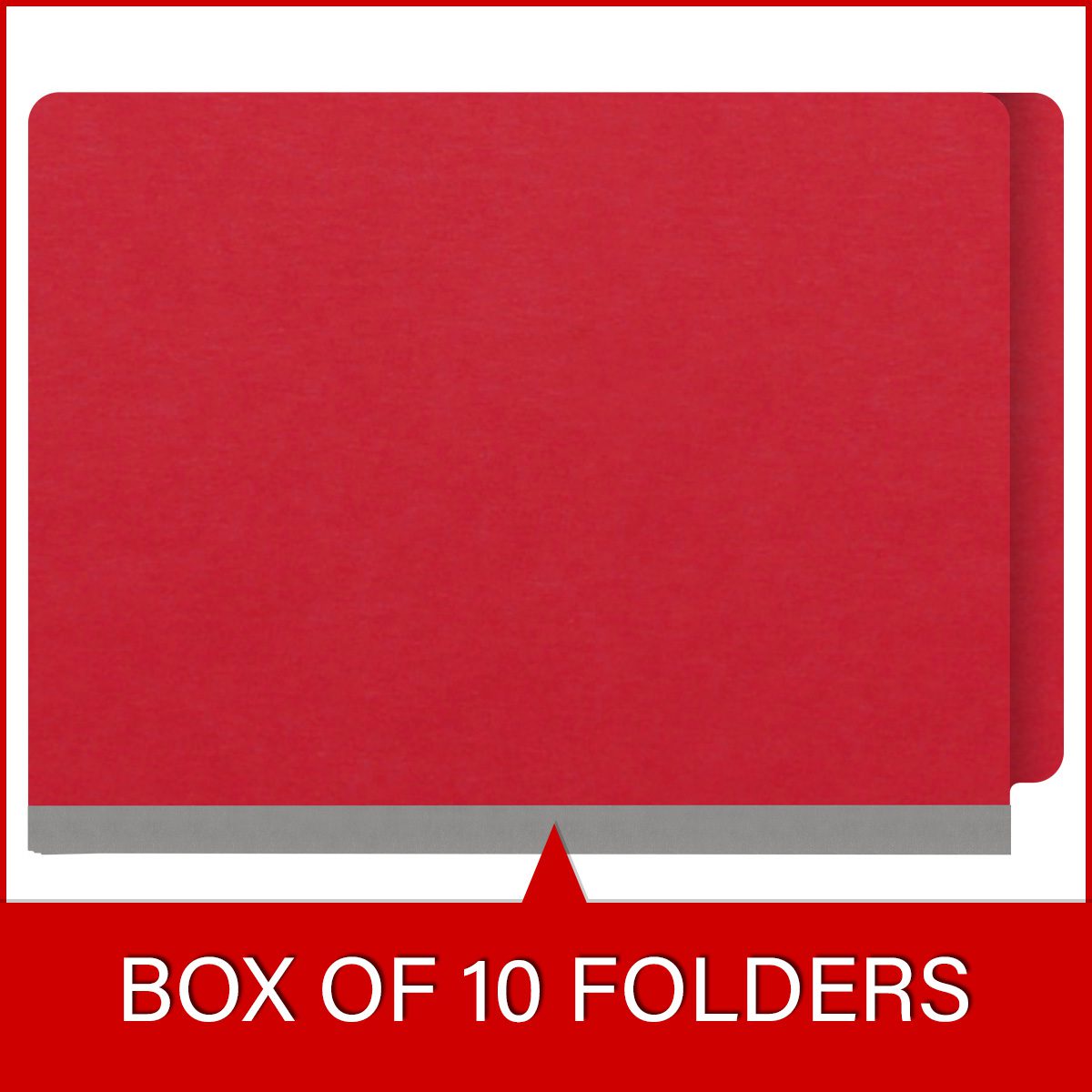 Red letter size end tab classification folder with 3" gray tyvek expansion, with 2" bonded fasteners on inside front and inside back and 1" duo fastener on dividers. 18 pt. paper stock and 17 pt brown kraft dividers. Packaged 10/50.
