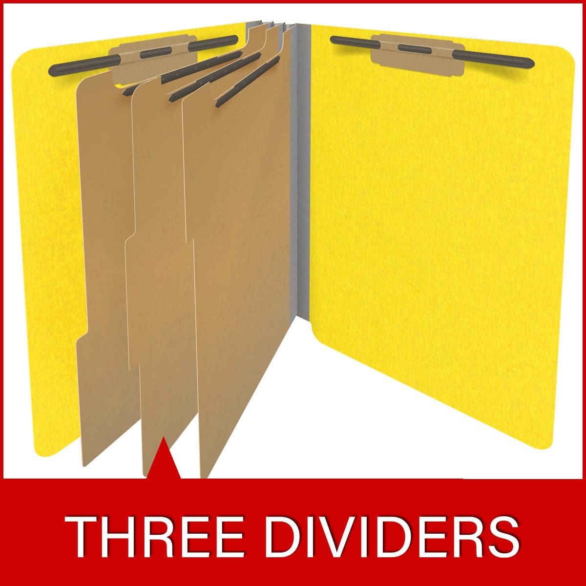 Yellow letter size end tab classification folder with 3" gray tyvek expansion, with 2" bonded fasteners on inside front and inside back and 1" duo fastener on dividers. 18 pt. paper stock and 17 pt brown kraft dividers, 10/Box