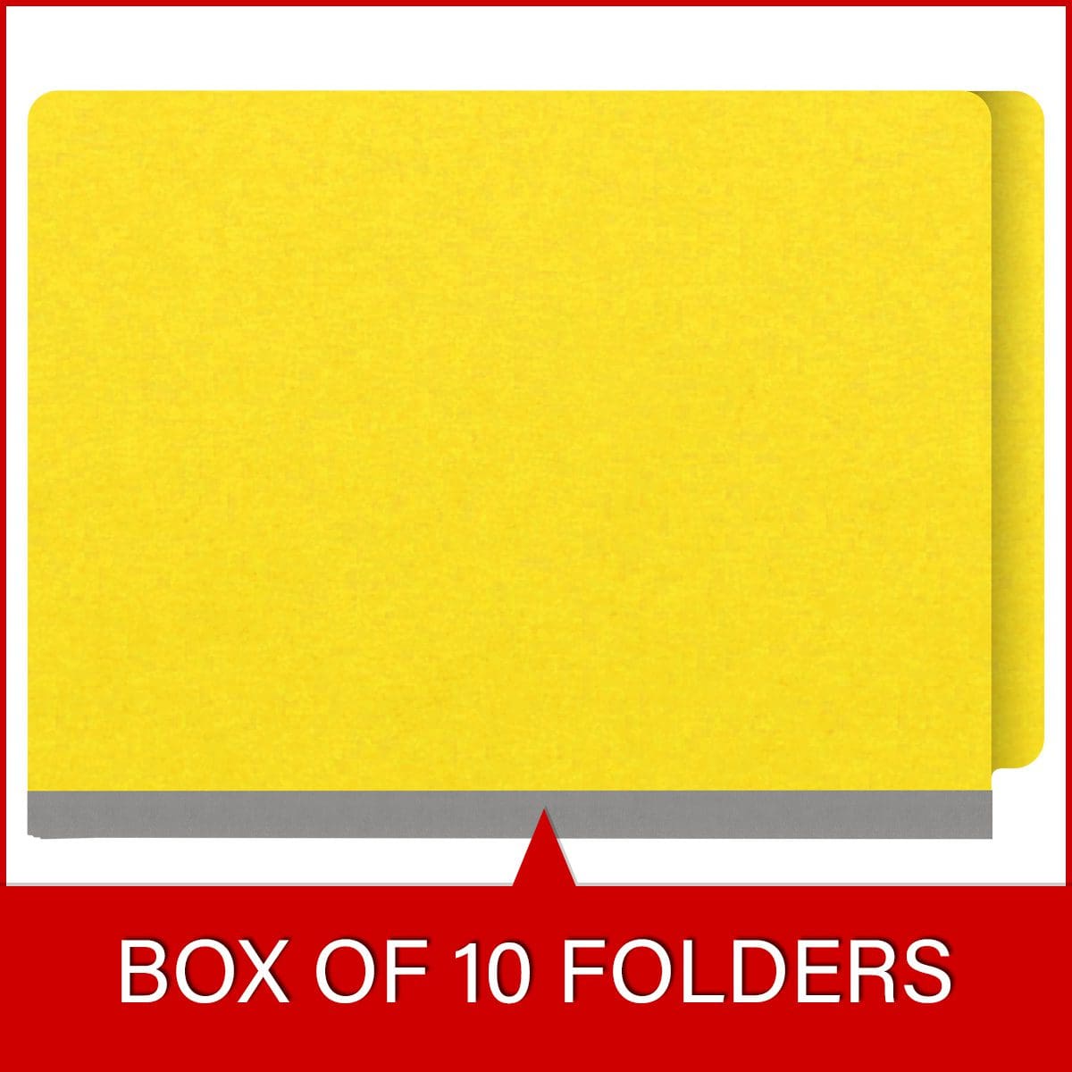 Yellow letter size end tab classification folder with 3" gray tyvek expansion, with 2" bonded fasteners on inside front and inside back and 1" duo fastener on dividers. 18 pt. paper stock and 17 pt brown kraft dividers. Packaged 10/50.
