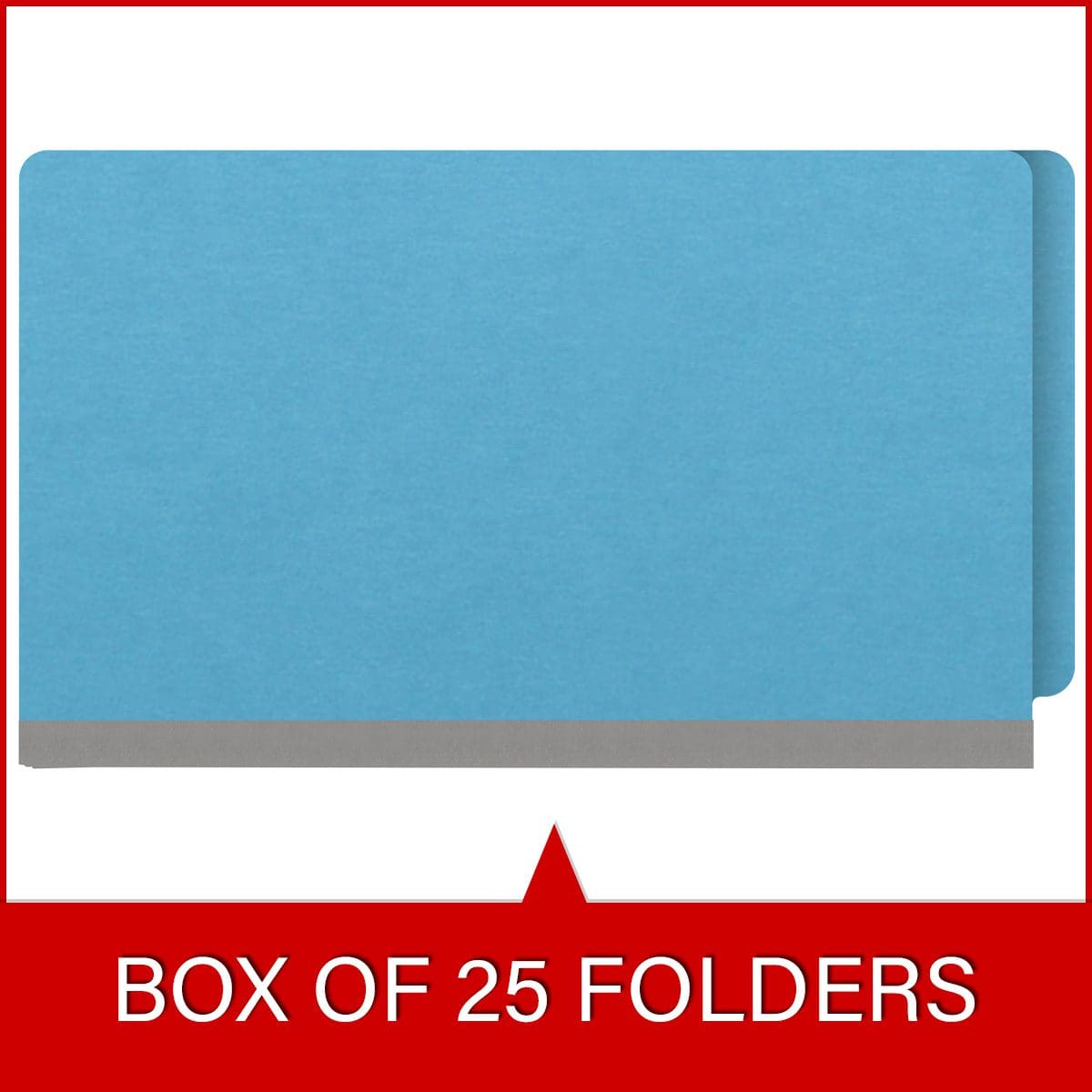 Blue legal size end tab classification folder with 2" gray tyvek expansion. 18 pt. paper stock. Packaged 25/125.