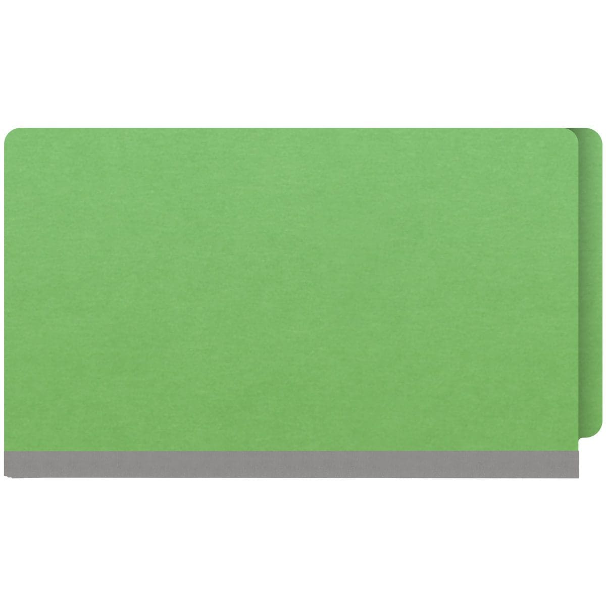 Green legal size end tab classification folder with 2" gray tyvek expansion. 18 pt. paper stock. Packaged 25/125.